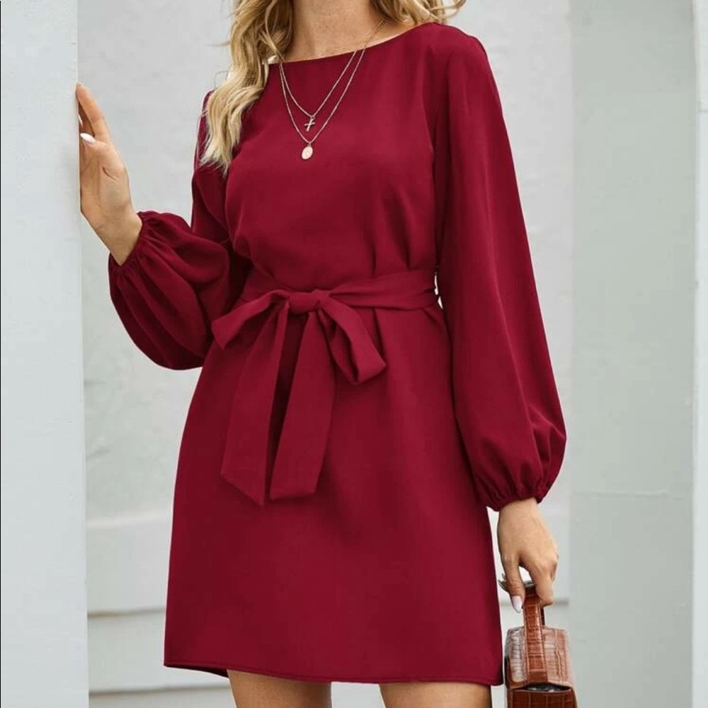 Boho lantern sleeve  belted dress burgundy_2